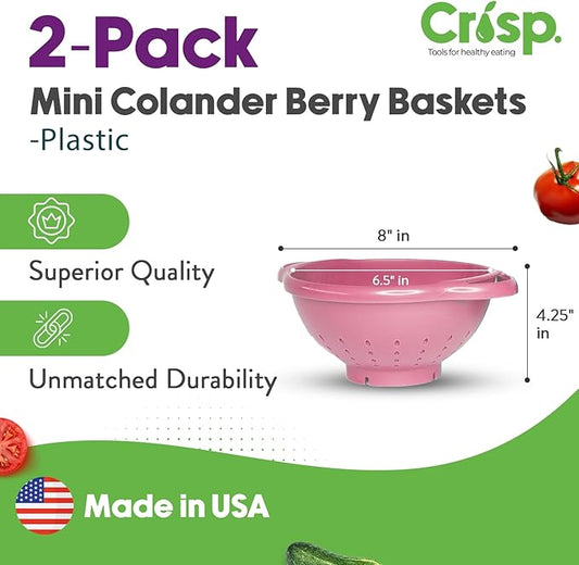 Crisp 2-Piece Mini Colander Berry Baskets With Handles - Food Strainers For Kitchen - Small Colander For Berries, Strawberry & Grape - Dishwasher Safe Berry Strainer - Made in the USA - Pink