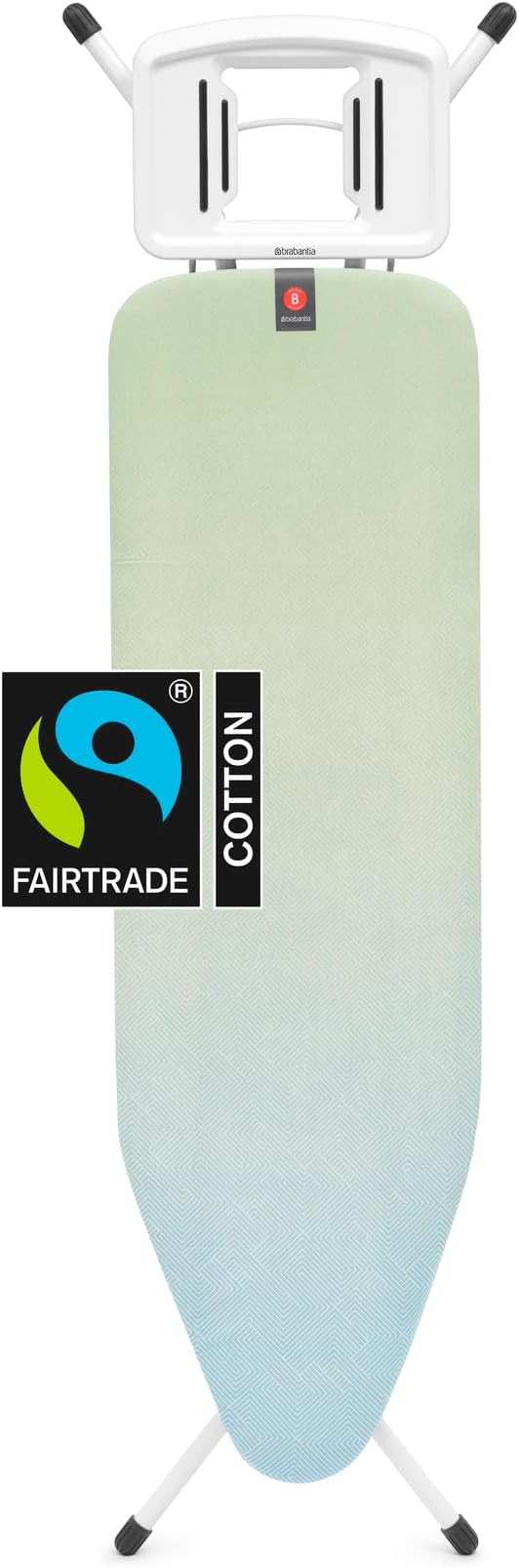 Brabantia - Ironing Board B – Solid Steam Iron Rest – Adjustable Height – Non-Slip Rubber Feet – 100% Fairtrade Cotton Cover with Foam Padding – Foldable – Soothing Sea – Size B (49 x 15 in)