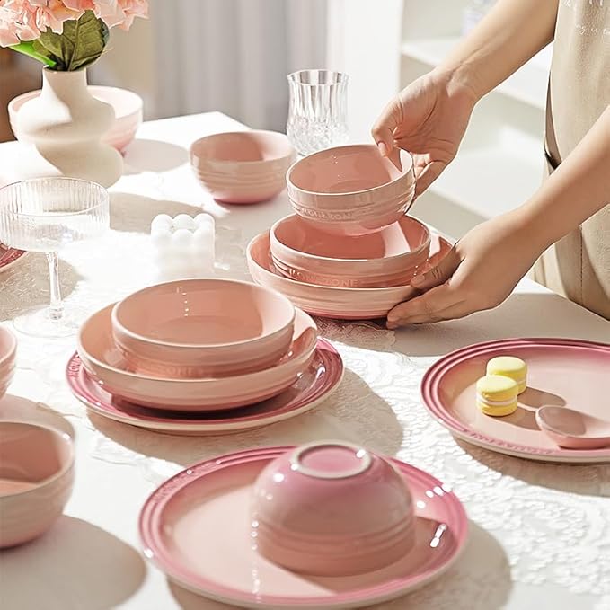 12-Piece Pink Ceramic Dinnerware Set - Monazone Series, Service for 4, Includes Bowls & 8''/9'' Plates, Glossy Finish