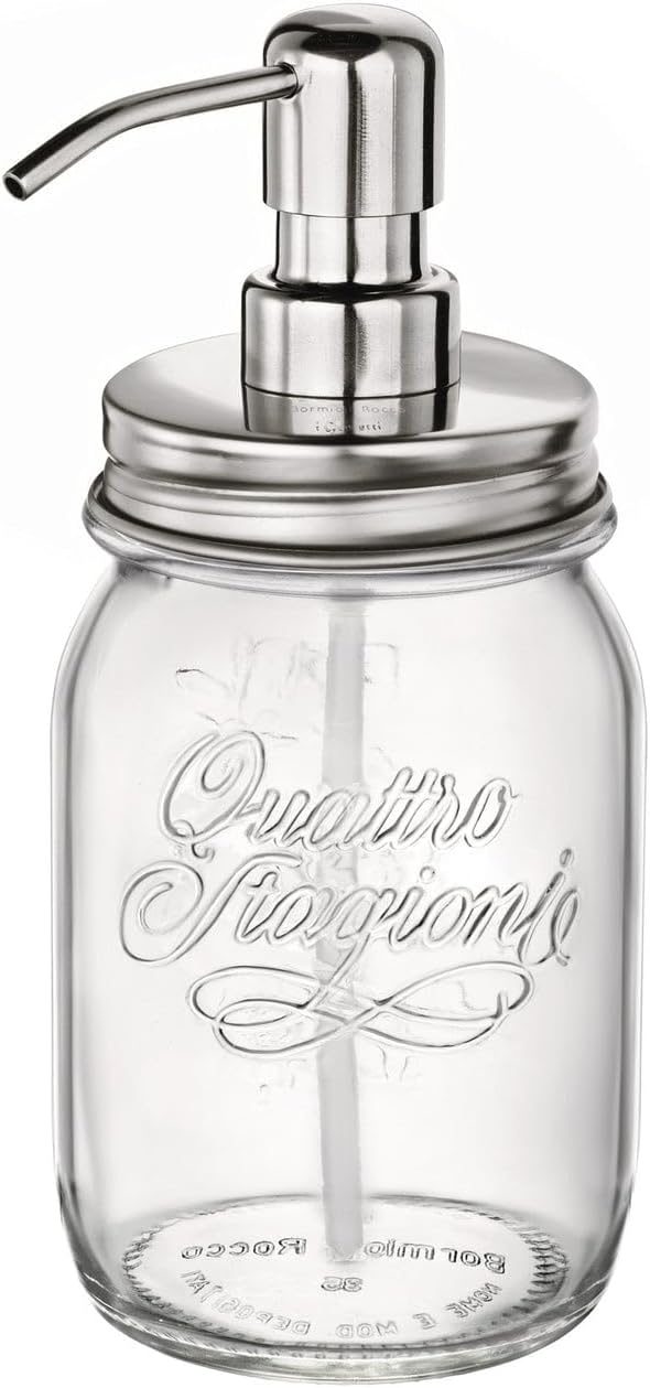 Bormioli Rocco Quattro Stagioni Soap Dispenser, 17 Oz - Stainless Steel Multifunctional Lid, Stain Resistant - Use as Soap, Lotion, Cocktail, Grater - Durable Dishwasher Safe Glass Jar