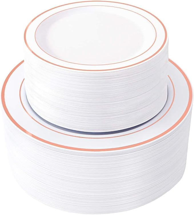 WDF 120 pieces Rose Gold Plates Disposable - Heavy Duty Rose Gold Plastic Plates Perfect for Valentines Day, Mother's Day, Wedding, Birthday