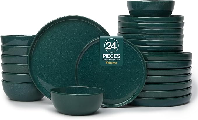 24-Piece Ceramic Dinnerware Set,Moss Green Plates and Bowls Set for 8 – Naturally Elegant Dish Set for Serene Hosting & Everyday Harmony