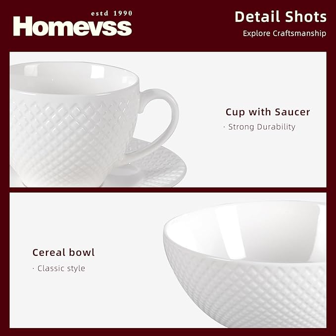 HomeVss, New Bone China Dinnerware Set, Embossed Diamond Design, 20pc Set