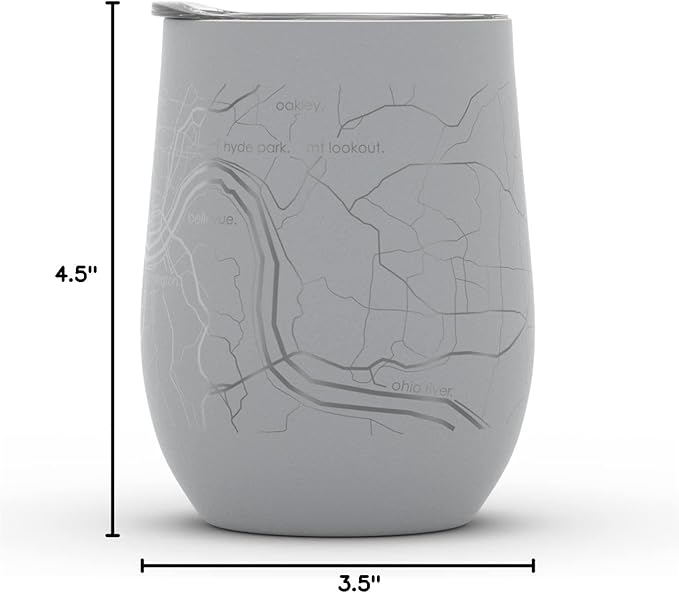 Well Told Engraved Cincinnati Ohio Map Insulated Wine Tumbler, Etched Stainless Steel Cup (12 oz, Dockside Gray) City Map Insulated Tumbler, Custom Insulated Tumbler, Outdoor Drinkware