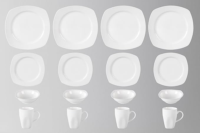 HomeVss, New Bone China Embossed Dinnerware Set, Coupe Square Shape, 16pc Set
