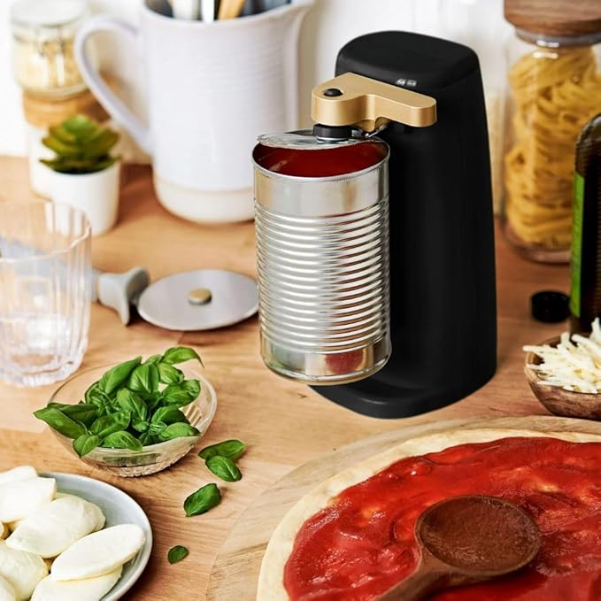 Beautiful Easy-Prep Electric Can Opener, Stainless Steel Blade, Built-in Knife Sharpener, Auto-Stop Safety, Cord Storage by Drew Barrymore (Black)