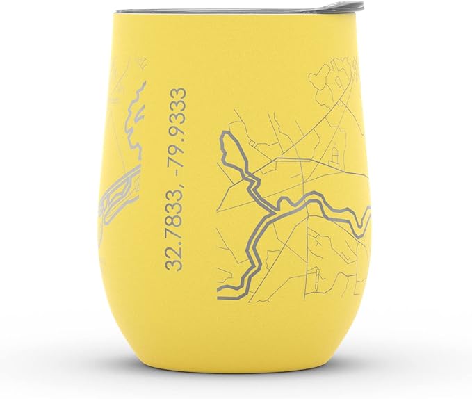 Well Told Engraved Charleston South Carolina Map Insulated Wine Tumbler, Etched Stainless Steel Cup (12 oz, Sunrise Yellow) City Map Insulated Tumbler, Custom Insulated Tumbler, Outdoor Drinkware