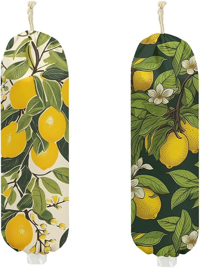 2Pcs Lemon Plastic Bag Holder, Wall Mount Grocery Bag Holder for Plastic Bags, Flower Reusable Grocery Bags Storage Dispenser for Home Kitchen Farmhouse Decor, Lemon Gifts for Women Mom, 22.5x9 Inch
