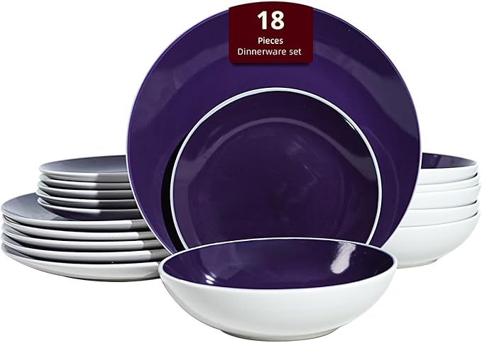 Stoneware Coupe 18pc Dinner Set, Outside White + Inside Purple
