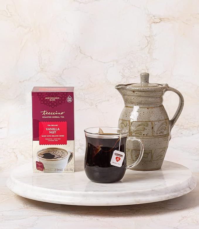 Teeccino Vanilla Nut Herbal Tea, 25 Tea Bags - Rich & Roasted Herbal Tea That’s Caffeine Free & Prebiotic for Natural Energy, 3X more Herbs, Acid Free, Great Hot or Iced