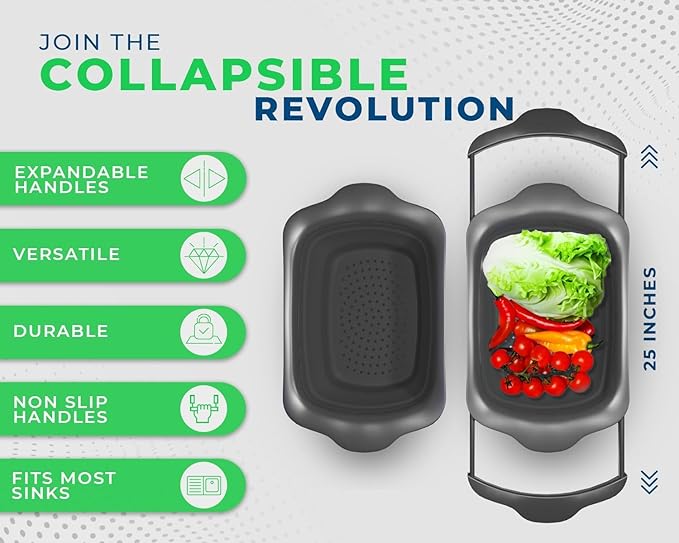 Over-the-Sink Colander with Handles – Sleek Plastic Black Kitchen Strainer for Pasta, Vegetables & Fruits – Space-Saving Design – 17.1 x 10.1 x 1.4 Inches