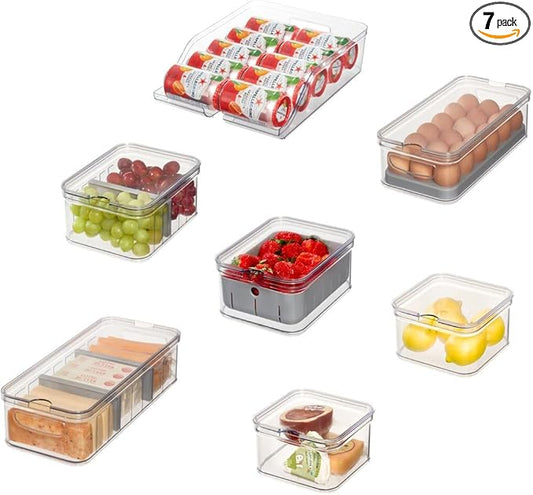 iDesign Crisp 7-Piece Recycled Plastic Refrigerator Organizer Bin Set with Lids, Clear/Gray