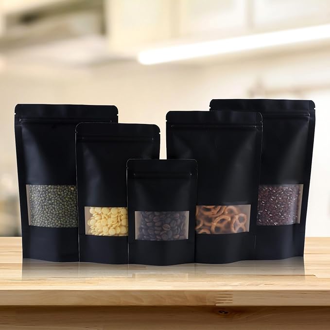 100 PCS Resealable Bags, Stand Up Kraft Paper Bags with Matte Window, Zipper Lock Food Storage Bags for Small Business and Home, 5.9 * 9 Inches Reusable Sealable Bags for Packaging - Black