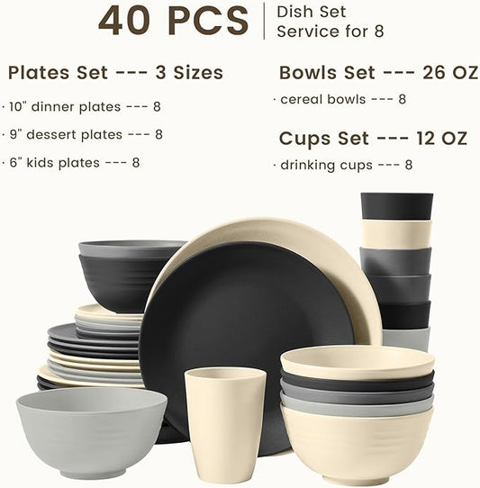 Homienly Kitchen Wheat Straw Dinnerware Set 40 PCS - Dinner Plates, Cereal Bowls, Wheat Straw Cups Set, Microwave and Dishwasher Safe Dishes Set, Unbreakable Dish Set for Party, Outdoor(Grey Stone)
