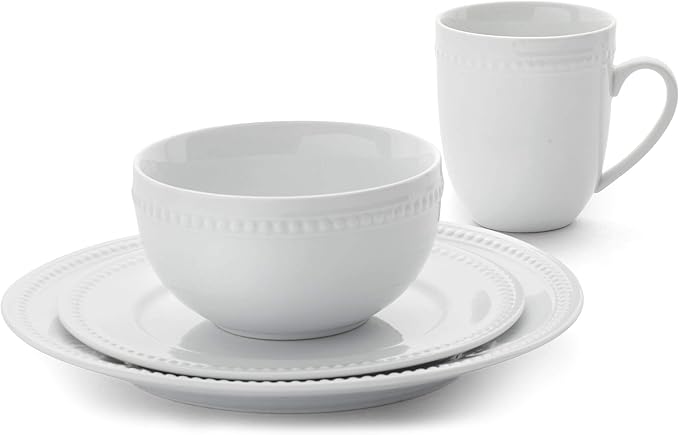 Everyday White by Fitz and Floyd, Beaded 16 Piece Dinnerware Set, Service for 4