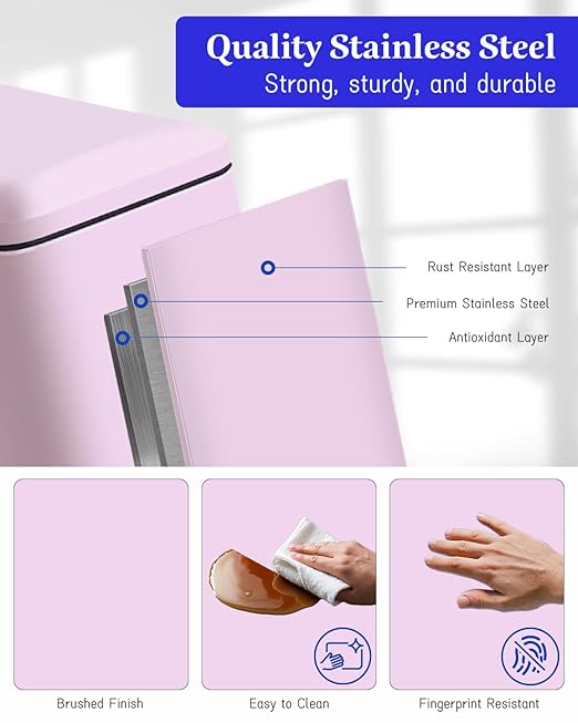 Kitchen Rubbish Bin, 30 L, Slim Pedal Bin with Lid, Stainless Steel Kitchen Rubbish Bin with Inner Bucket, Rectangular Waste Bin for Kitchen, Bathroom, Bedroom, Office, Pink
