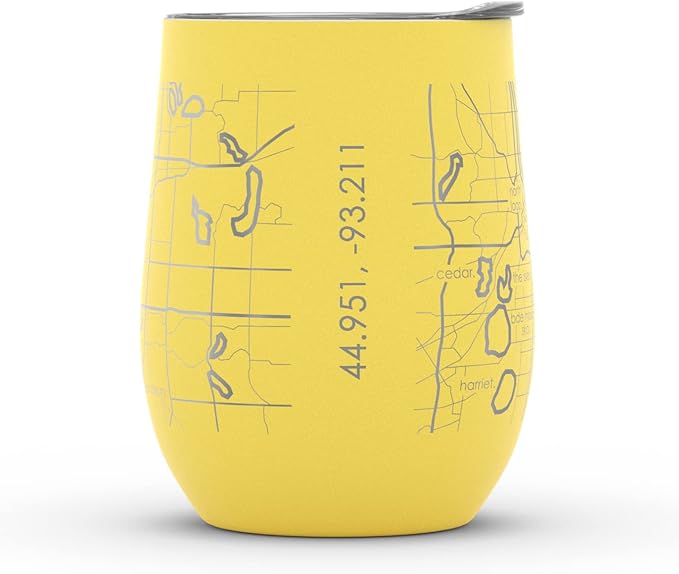 Well Told Engraved Minneapolis Minnesota Map Insulated Wine Tumbler, Etched Stainless Steel Cup (12 oz, Sunrise Yellow) City Map Insulated Tumbler, Custom Insulated Tumbler, Outdoor Drinkware