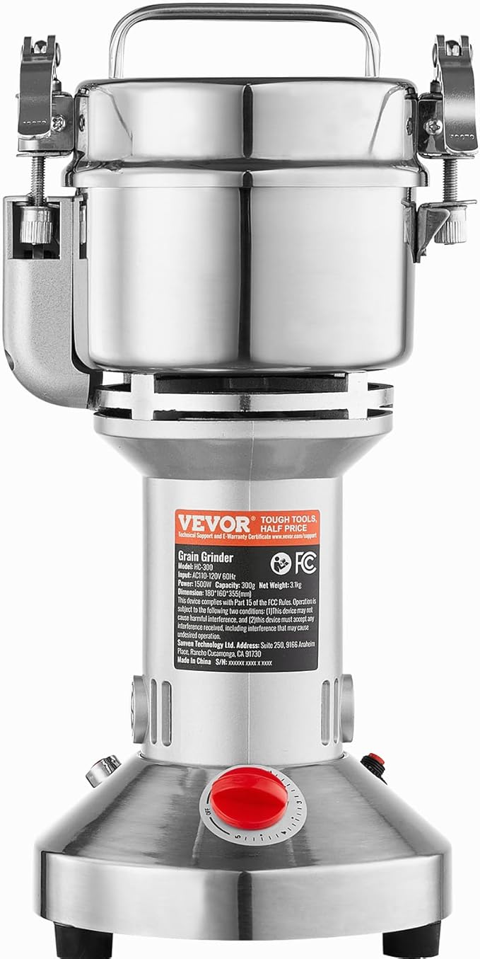 VEVOR 300g Electric Grain Mill Grinder, High Speed 1500W Commercial Spice Grinders, Stainless Steel Pulverizer Powder Machine, for Dry Grains Spices Cereals Coffee Corn Pepper, Straight Type