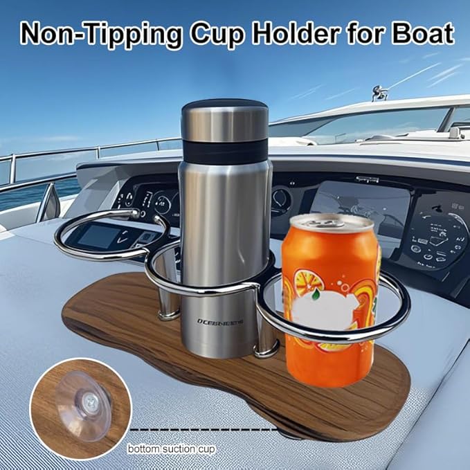 Teak 3-Hole Cup Holder, 316 Stainless Steel Cup Holder for Boat, Kitchen, RV