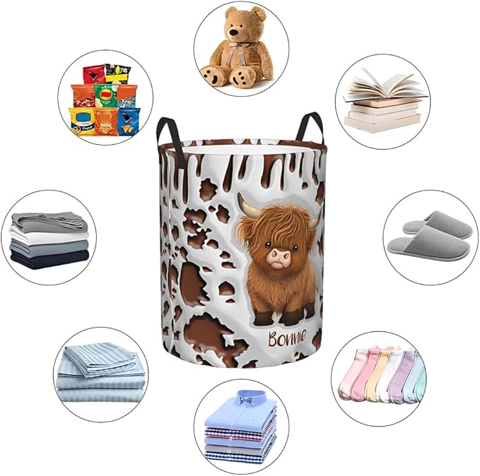 callie Personalized Highland Cow Laundry Basket for Kids, Waterproof Collapsible Laundry Hamper, Clothes Toys Storage Bin for Bedroom Nursery (13.8" x 16.5", 15.7" x 19.6")