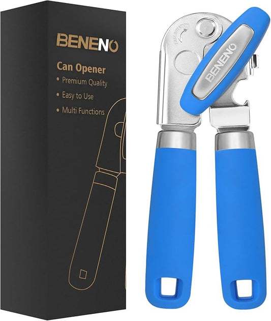 Beneno Heavy Duty Hand Can Opener Manual with Magnet, Durable Sharp Carbon Steel Blade Smooth Cutting, Big Effort-Saving Knob & Soft Grip Handle, Multifunctional Bottle Opener, Klein Blue