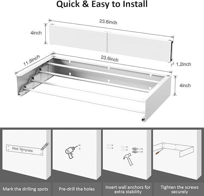 Laundry Drying Rack, Collapsible Wall Mounted Clothes Drying Rack - Drying Rack Clothing Foldable,Space Saving, 31.5" Wide, 13.2 Linear Ft, 5 Aluminum Rods, 60 lb Capacity (White, 23.6")