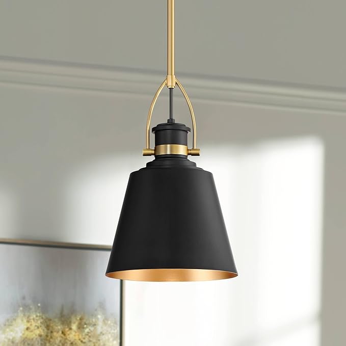 Possini Euro Design West 8" Mid Century Modern Pendant Ceiling Light Fixture Dining Room Over Table Kitchen Island Foyer Drum Hanging Matte Black Sand Gold Finish Hallway Entryway Living Room Mini