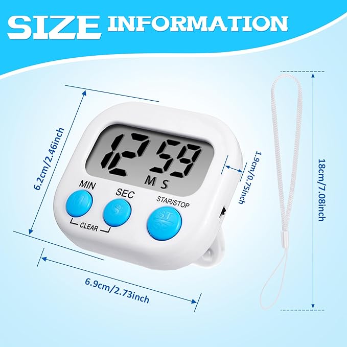 6 Pack Small Digital Timer Back to School for Cooking with 6 Pieces Lanyard Magnetic Back and On/Off Switch Second Minute Count up Countdown for Kitchen