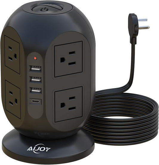AiJoy Surge Protector Power Strip Tower with 8 Outlets 4 USB Ports(1 USB-C), 10 FT Flat Extension Cord with Multiple Outlets, Charging Tower with Surge Protection for Home Office Dorm Room Essentials