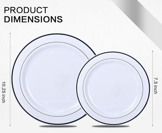 175 Piece Silver Dinnerware Set,25 Silver Rim Plastic Plates, 25 Cups,25 Pre Rolled Napkins with Plastic Silverware, Disposable Dinnerware Set for 25 Guest