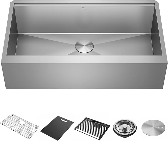DELTA FAUCET Rivet 36-inch Workstation Farmhouse Apron Front Kitchen Sink Undermount 16 Gauge Stainless Steel Single Bowl with WorkFlow Ledge and Kit of 5 Accessories, 95C9031-36S-SS