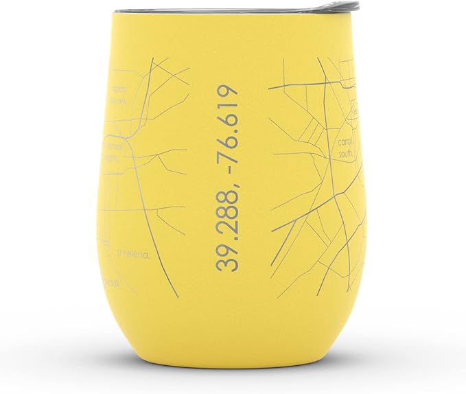 Well Told Engraved Baltimore Maryland Map Insulated Wine Tumbler, Etched Stainless Steel Cup (12 oz, Sunrise Yellow) City Map Insulated Tumbler, Custom Insulated Tumbler, Outdoor Drinkware