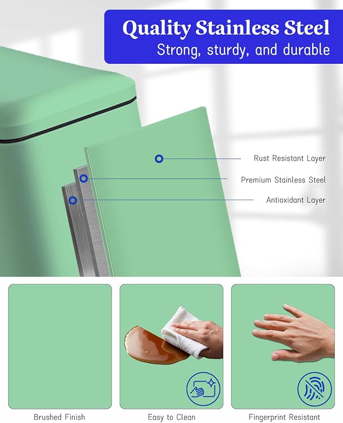 Bathroom Trash Can with Lid, 1.3 Gallon Trash Bin with Liner Bucket, Soft Close lid, Step on Green Trash Can, Stainless Steel Garbage Can for Restroom,Bedroom, Home Office