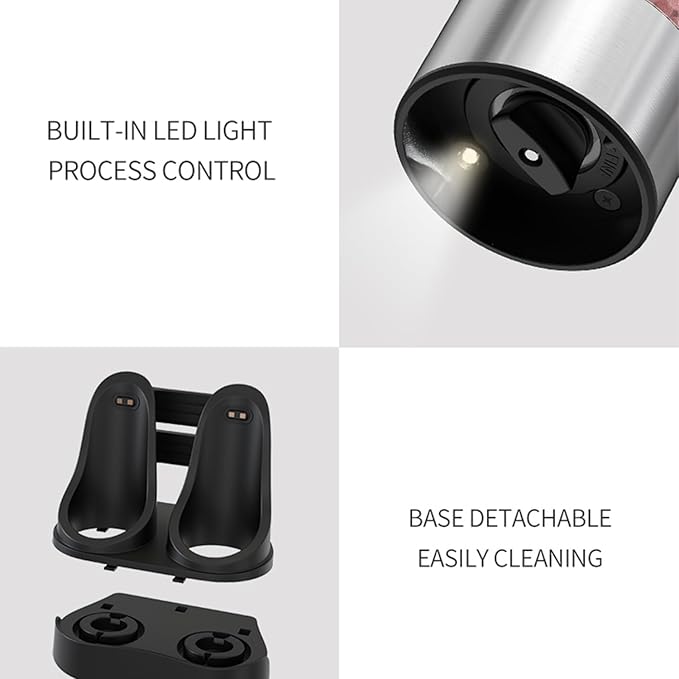 RECHARGEABLE - Electric Pepper and Salt Grinder Set, Adjustable Coarseness, With LED Light, One Hand Automatic Operation (C/Silver)