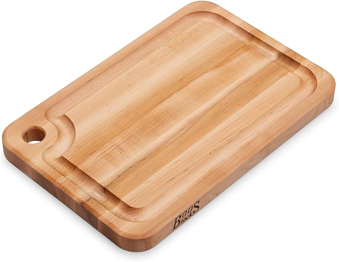 John Boos Prestige Series Rectangular Wooden Maple Cutting Board 18”x12” – 1.25” Thick, 8-lb Reversible Butcher Block with Juice Groove, Edge-Grain & Finger Grip Hole – Made in the USA