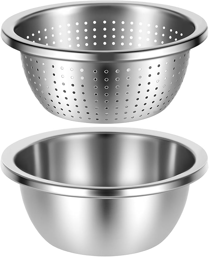 304 Stainless Steel Colander 5 Quart Large Capacity with Mixing Bowl, Large Bowl for Kitchen, Rice Strainer for Fruit Vegetable Washing, Pasta Straining and Food Mixing