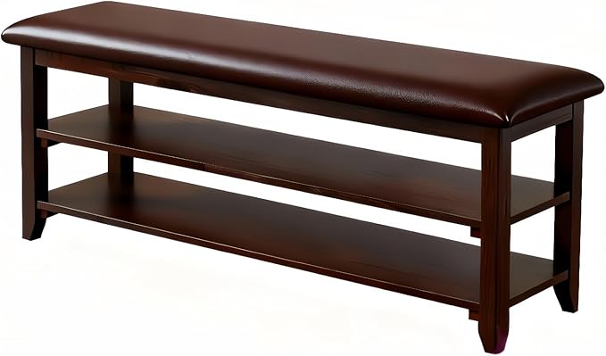 Shoe Bench Storage with Leather Cushion, Rustic Solid Wood Entryway Bench with 2 Height-Adjustable and Removable Shelves for Hallway, Living Room, Mudrooms (Dark Brown,47.2")