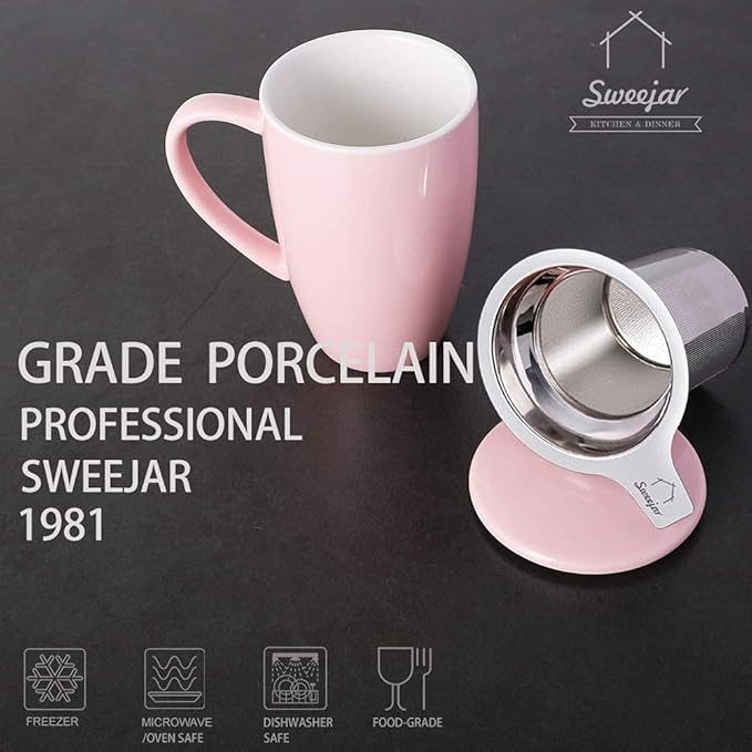 Sweejar Porcelain Tea Infuser Mug with Lid, 16 oz Teacup with Strainers for Loose Leaf Tea, Microwave and Dishwasher Safe Coffee Mug(Pink)