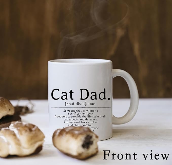 QUICQOD Cat Dad Gifts: Coffee Mug, Cat Lovers Ceramic Cup, 11 Oz White Mug