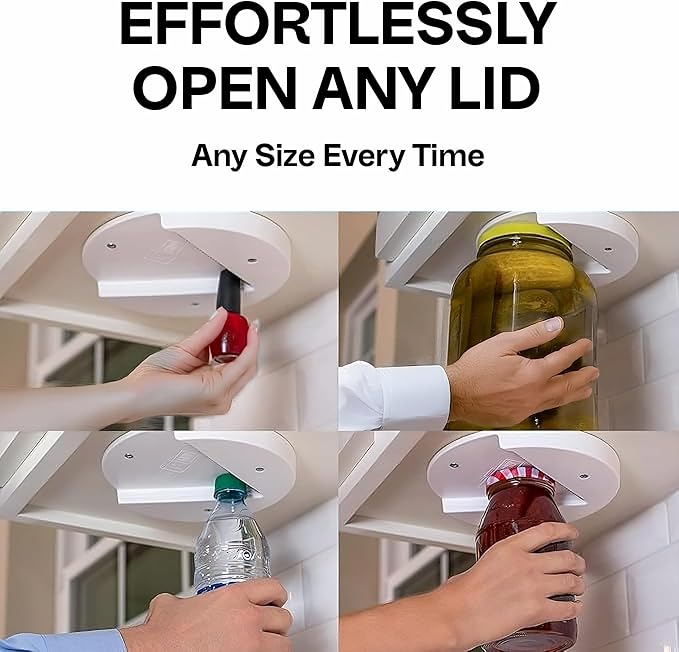 Jar Opener for Seniors - Under Cabinet Jar & Bottle Opener - Easy Grip for Weak Hands & Arthritis - One-Handed Kitchen Gadget - Heavy Duty Lid Remover (Black)