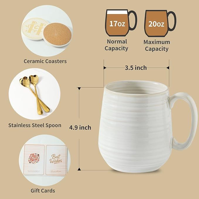 HASENSE Coffee Mugs Set of 2, 20 oz Ceramic Coffee Cups for Men and Women, Premium Large Tea Cups Gift Box with Coaster & Gold Spoon, Couple Mugs for Christmas Wedding Gift, Clay-Infused White