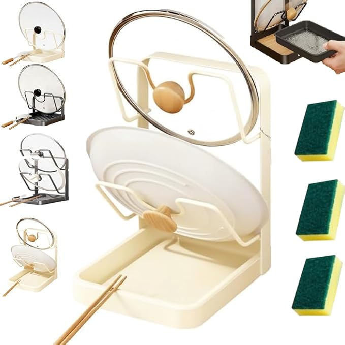 Kitchen Pot Lid Storage Rack - Pot Lid Organizer Rack,Pot Lid Holder While Cooking,Spoon Rest with Lid Holder&Drip Tray,Multifunctional Kitchen Organizer Stand for Stove Top (Beige, Double)
