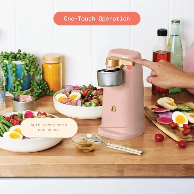 Beautiful Electric Can Opener with Auto-Turn, Magnetic Lid Holder, Knife Sharpener, Bottle Opener, Removable Lever, Cord Storage, No-Tilt Base, Stainless Steel Blade, 70W (Rose)