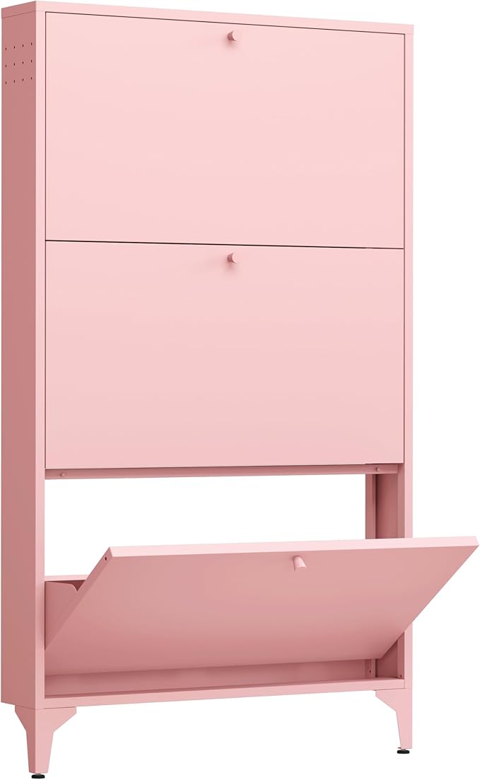 Shoe Cabinet with 3 Flip Drawers, Narrow Shoe Storage Cabinet, Farmhouse Shoe Organizer, Freestanding Organizer with Metal Legs for Entryway, Foyer (3 Door, Pink)