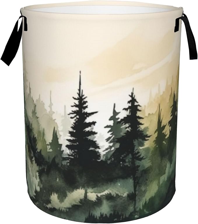 Mountain Forest Laundry Basket,Large Watercolor Landscape Laundry Hamper/Bathroom/Home Decor/Collapsible Round Storage Bin,Boys Girls Dirty Clothes Hamper/Boxes/Toys Storage 16x20 Inch