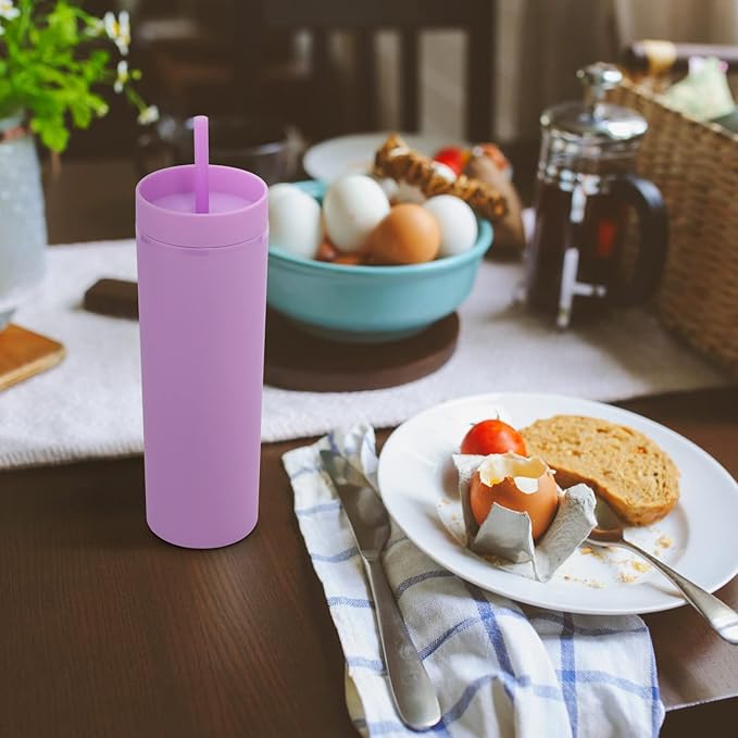 Volhoply 20oz Plastic Skinny Tumblers Bulk 4 Pack,Double Wall Tumbler with Lid and Straw,Reusable Travel Iced Coffee Mug,BPA Free Matte Acrylic Water Cups With Straw for Party,DIY Gift(Purple,4 Set)