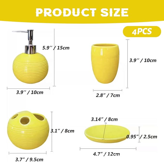 4Pcs/Set Yellow Bathroom Accessories Ceramic Vibrant Soap Dispenser with Toothbrush Holder & Soap Dish & Cup Complete Toothbrush Holder Set