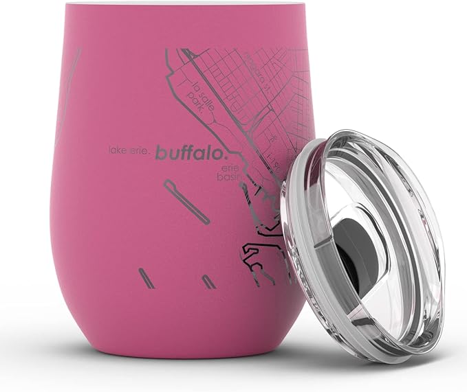 Well Told Engraved Buffalo New York Map Insulated Wine Tumbler, Etched Stainless Steel Cup (12 oz, Sunset Pink) City Map Insulated Tumbler, Custom Insulated Tumbler, Outdoor Drinkware