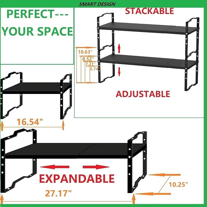 Expandable Shelf for Cabinet Organizer Adjustable and Stackable Spice Rack at Kitchen and Bathroom More, Counter Countertop Cupboard Organization Pantry Storage(LARGE/3PACKS/BLACK)