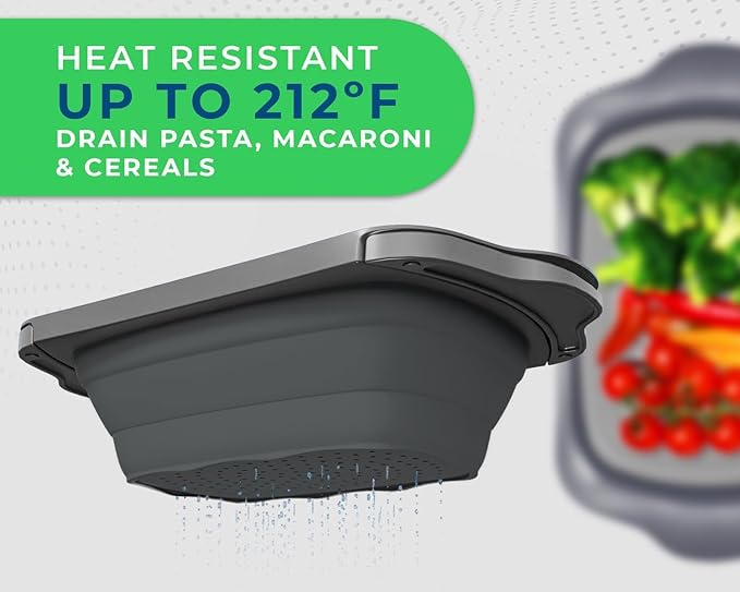 Over-the-Sink Colander with Handles – Sleek Plastic Black Kitchen Strainer for Pasta, Vegetables & Fruits – Space-Saving Design – 17.1 x 10.1 x 1.4 Inches